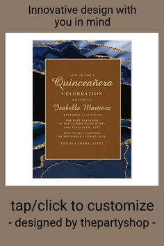 a blue and gold wedding card with the words quinceauera celebration on it