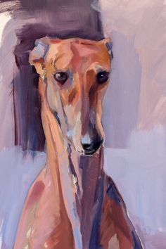 an oil painting of a greyhound dog in pastel and brown tones, with the head turned slightly to the right