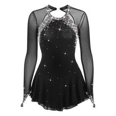 a women's figure skating dress with sequins on the neck and long sleeves