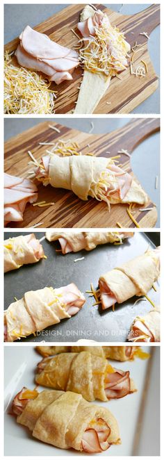 the process of making ham and cheese appetizers is shown in three different stages