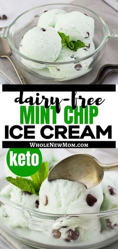 two scoops of ice cream with mint on top in a glass bowl and the title below reads dairy - free mini chip ice cream