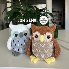 two knitted owls sitting next to each other on a table with a plant in the background