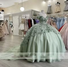 Quince Themes Enchanted Forest Dress, Sage Green Ball Gown Dresses, Green Dress For 15, Light Emerald Green Quinceanera Dresses, Pink Green Quince Dress, Quince Enchanted Forest Theme Dress, Sea Green Quinceanera Dress, Tiana Princess And The Frog Wedding Dress, Sage Green Dresses Quinceanera