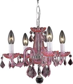 a pink chandelier with five lights hanging from it's sides and two candles in the middle