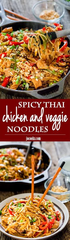 chicken and veggie noodle dish in a pan with chopsticks sticking out