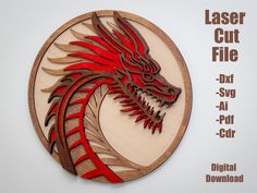 the laser cut dragon is mounted on a wood plaque with red paint and black trim