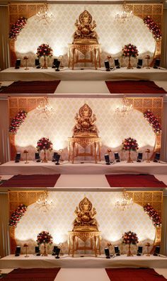 three pictures of a room with white walls and red carpeted flooring, two gold chairs on either side of the stage