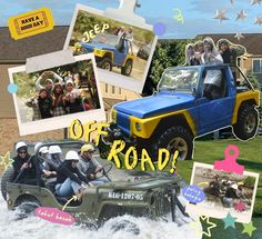 a collage of photos with people riding in the back of a jeep