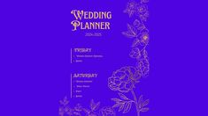 a wedding planner with flowers and leaves on the side, in gold foiling against a purple background