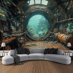 an underwater scene is shown in this living room wallpaper mural, which has been painted on