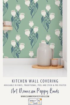 the kitchen wall covering with flowers and leaves is shown in this ad for art nouveau