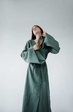 This Kimono linen dress is Fit perfectly with all women's body shapes. Easy to wear, simple and perfect for many occasions. You can wear it at home, in the forest, at a resort, or in the city, adding accessories. Boho style wrapped dress with belt Length 140cm/56in Wide long sleeves Fringed edges Side cut 50 cm/ 20 in Made of 100% natural linen, Oeko-Tex certified, free of harmful chemicals. This is a wear-resistant material and could be washed a lot of times. Sizes: XS, S, M, L, XL, XXL Custom Spring Loungewear Dress With Kimono Sleeves, Summer Wrap Maxi Dress For Daywear, Wrap Maxi Dress For Spring Daywear, Green Relaxed Fit Maxi Dress With V-neck, Spring Loungewear Floor-length Dress, Floor-length Spring Loungewear Dress, Spring Floor-length Loungewear Dress, Green Bohemian Wrap Maxi Dress, Relaxed Fit Linen Maxi Dress For Loungewear