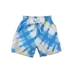 Mish Swim Boys board shorts in turquoise, blue and white diagonal tie dye print. Blue Swim Trunks For Poolside Summer, Blue Short Swim Trunks With Elastic Waistband, Light Blue Short Swimwear For Summer, Light Blue Swim Trunks For Summer Beachwear, Light Blue Swim Trunks For Summer, Light Blue Beachwear Swim Trunks For Summer, Blue Summer Swim Trunks With Built-in Shorts, Blue Swim Trunks With Elastic Waistband, Casual Tie-dye Swimwear For Poolside