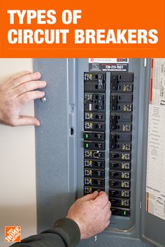 an electrical panel with two hands on it and the words types of circuit breakers written below