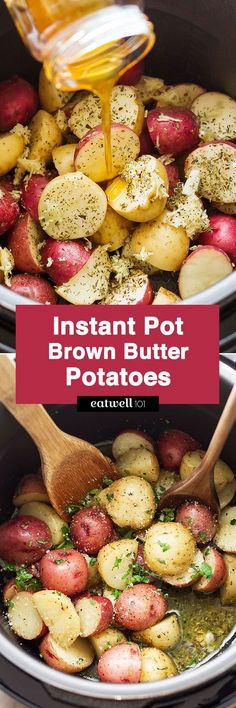 instant pot brown butter potatoes in a slow cooker with a wooden spoon pouring oil over them