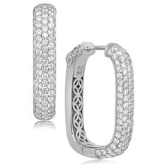 14K white gold diamond rectangle pave hoop earrings from the Reis-Nichols Collection. The earrings feature 198 round brilliant cut diamonds weighing approximately 2 ctw. Luxury White Gold Diamond Earrings In Rectangular Shape, Luxury White Gold Diamond Earrings Rectangular, Luxury White Gold Rectangular Diamond Earrings, Luxury Rectangular Diamond Earrings With Accents, Luxury Rectangular Diamond Cut Earrings, White Gold Rectangular Diamond Earrings, Luxury Rectangular Brilliant Cut Earrings, Silver Rectangular Classic Diamond Earrings, Classic Silver Rectangular Diamond Earrings