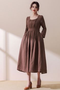 Linen Dress Women's Long Sleeve Linen Midi Dress in - Etsy UK Beige A-line Maxi Dress For Fall, Casual Brown A-line Midi Dress, Casual Fit And Flare Midi Dress For Fall, Fall Beige Pleated Midi Dress, Brown A-line Maxi Dress For Spring, Brown Long Sleeve Midi Dress For Spring, Fall Midi Dress Fit And Flare, Fall Fit And Flare Midi Dress, Beige Mid-length Fall Dress