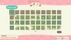 a screen shot of a game with many squares and flowers on it, including the words mossy path