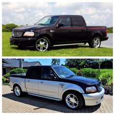 two pictures side by side of a black and silver ford f - 150 with chrome rims