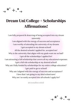 an image of a letter that says dream un college and shows the words affirmations