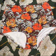 Bikini High Waisted Bottoms, Size Xs, New With Tags And Hygiene Liner Printed Retro Bottoms, Floral Print Fitted Bottoms For Poolside, Poolside Floral Print Fitted Bottoms, Retro Orange Swimwear For Spring, White Retro Bottoms For Summer, Retro White Bottoms For Summer, White Retro Summer Bottoms, Retro White Summer Bottoms, Fitted Summer Bottoms With Floral Print