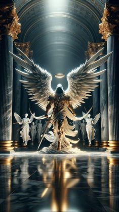 an angel standing in the middle of a room with columns and angels around it,