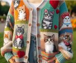 a woman wearing a colorful cardigan with cats on it and the words, cat sweaters