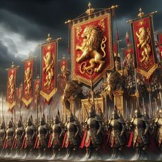 a large group of knights standing next to each other in front of red and gold flags