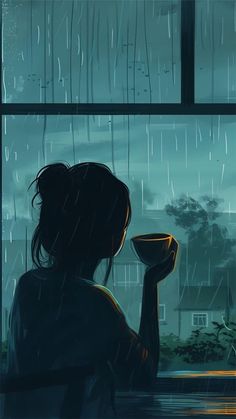 a woman sitting in front of a window holding an umbrella and looking out at the rain