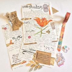 several pieces of paper with different types of writing on them, including an orange flower