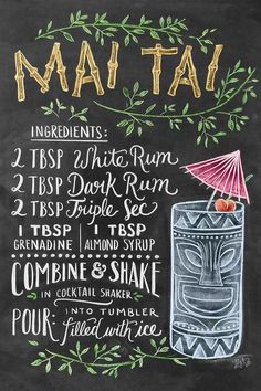 a chalkboard menu for a restaurant with an image of a tiki drink on it