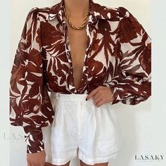 Lasaky - Casual Long Sleeve Loose Fit Printed Shirt Balloon Sleeves Blouse, Lantern Sleeved Blouses, Tops Blouse, Loose Outfit, Turndown Collar, Print Style, Collar Top, Collar Blouse, Lantern Sleeves