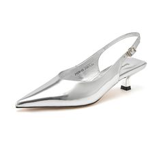 Look stylish and sophisticated in Beautoday's metallic leather stiletto pointed toe kitten heels with slingback. Crafted of quality metallic leather, these kitten heels will add a luxurious touch to your outfit, and are perfect for any occasion. Make a lasting statement with this timeless style. Upper Material: 100% Cow Leather Lining Material: Sheepskin Outsole Material: Rubber Insole Material: Sheepskin Heel height: 5 cm Silver Kitten Heels For Spring Evening, Elegant Silver Kitten Heels For Spring, Silver Pointed Toe Kitten Heels For Spring, Spring Silver Slingback Pumps With Pointed Toe, Silver Kitten Heels With Pointed Toe For Spring, Silver Pointed Toe Kitten Heels For Party, Sleek Silver Slingback Pumps For Formal Occasions, Elegant Metallic Slingback Pumps With Pointed Toe, Silver Fitted Slingback Pumps For Party