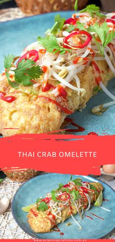 there is a blue plate with food on it and the words thai crab omelette