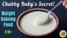 a spoon is in a bowl of yogurt with the words chubby baby's secret on it