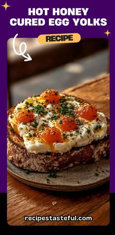 These Hot Honey Cured Egg Yolks paired with creamy chive cottage cheese on crispy toasted sourdough make for a decadent and flavorful dish perfect for brunch or as an indulgent appetizer. The richness of the egg yolks combined with the sweetness of the honey and the freshness of the cottage cheese create an irresistible combination! #honeyeggyolks #brunchideas #sourdoughtoast #chivecottagecheese #eggyolkrecipes #savorytoast #gourmetbrunch