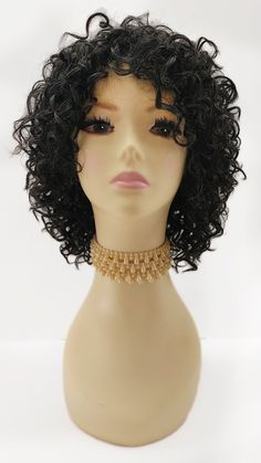 "100% human hair short curly wig featuring defined, wet-look curls and a layered cut. Inside cap has adjustable elastic straps for a secure fit. Color: Off Black and Gray Mix (34) Style: Short and curly Circumference: Default at 21\" with adjustable cap (max 22\") Materials: 100% Human Hair All sales are final. Please read all store policies before purchasing." Tight Curly Hair, Hair Short Curly, Short Curly Wig, Human Hair Pieces, Layered Cut, Short Curly Wigs, Short Layered, Curly Hair With Bangs, Curly Wig