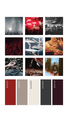 the color palette is red, white and grey with some black and white images on it