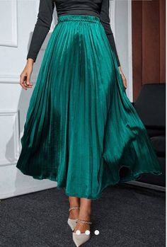 Expertly crafted from a luxurious satin-like fabric, the Emerald Maxi Skirt boasts a glamorous and sophisticated silhouette. Its elastic waistband and maxi length provide the ideal balance of comfort and style. Material: 100% Polyester Teal Skirt, Satin Maxi Skirt, Pleated Long Skirt, Pleated Maxi Skirt, Women Office, Long Skirts For Women, Satin Maxi, Pleated Maxi, Green Satin