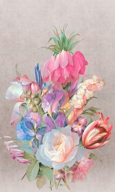 a bouquet of flowers is shown in this watercolor style painting by artist jane grisell