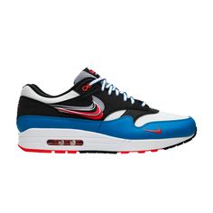 Find NIKE Air Max 1 'time Capsule on Editorialist. The Air Max 1 from the 'Time Capsule' pack takes inspiration from the bold colors and look of Nike's retro print ads. Emerged in November 2019, the sneaker comes in white textile overlaid with panels of blue and black synthetic and pebbled leather. Throwback and modern logos are superimposed on the Swooshes, with dual-colored branding seen on tongue and heel. A foam midsole boosted with Max Air and two-tone rubber outsole are placed below. Nike Throwback Custom Sneakers For Sports, Nike Custom Sneakers For Sports Events, Custom Low-top Sneakers With Air Max Cushioning For Sports, Sporty Custom Sneakers With Air Max Cushioning, Blue Sneakers With Air Max Cushioning For Sports, White Textile, Modern Logos, Nike Retro, Nike Air Max 1