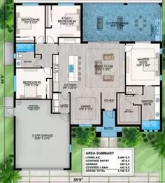 an aerial view of the floor plan of a house with pool and landscaping around it