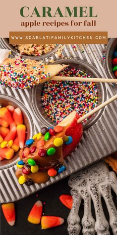 halloween caramel apple recipe for fall with sprinkles and candy in bowls