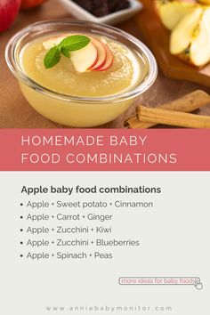 an advertisement for homemade baby food combinations with apples, cinnamons and other foods in bowls