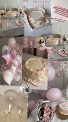 a collage of pink and white birthday decorations