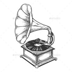 an old - fashioned record player with a gramphone on it's stand, hand drawn