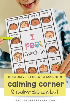 a young boy holding up a poster with the words i feel check in front of him