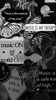 music is my therapy poster with an image of headphones and other things in the background