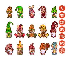 an assortment of cartoon character pins with different colors and sizes, including gnomes, snowmen