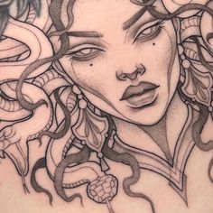 a drawing of a woman with snakes around her neck